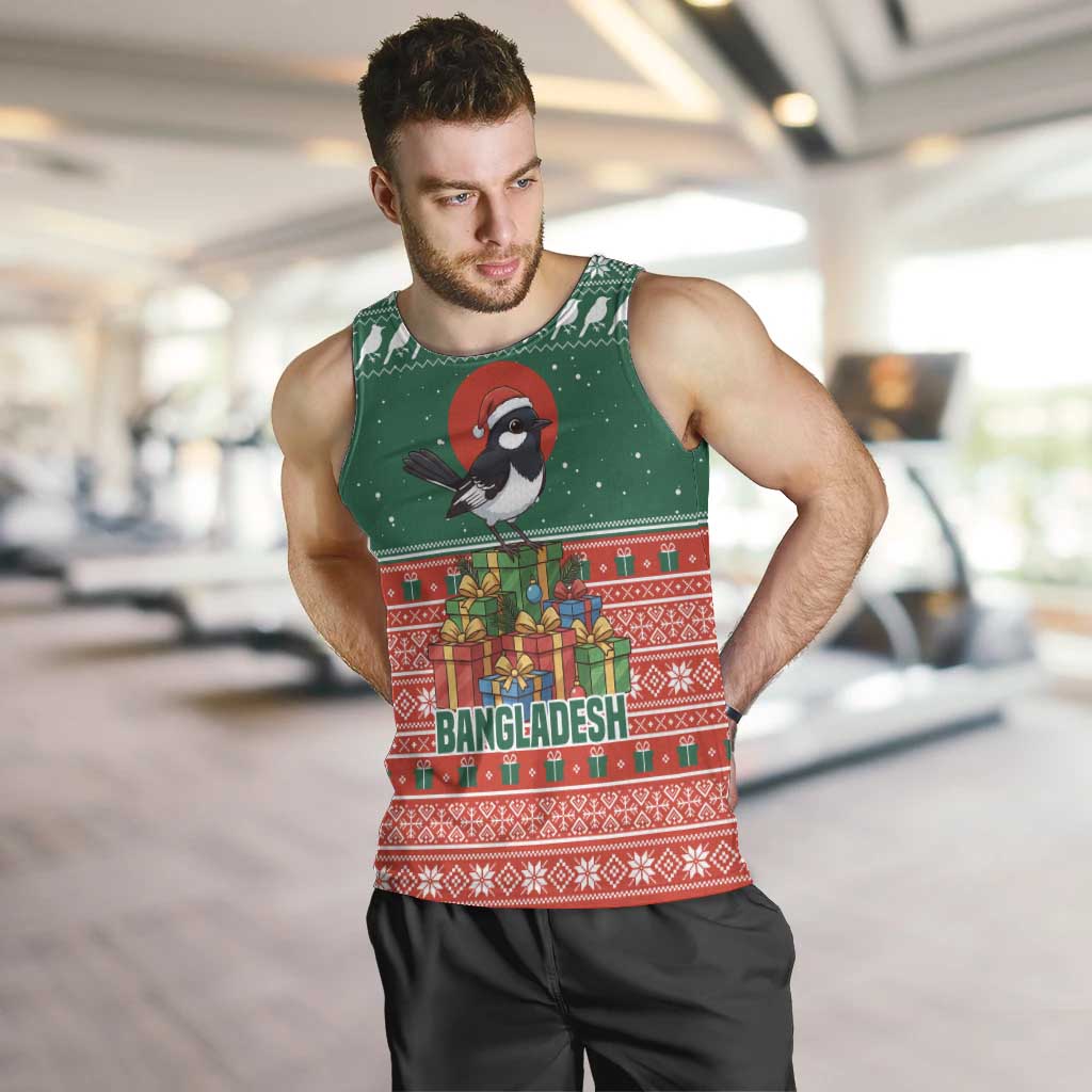 Bangladesh Christmas Men Tank Top with Black-Capped Bird Gift Stack and Green Red Snowflake Pattern - Wonder Print Shop
