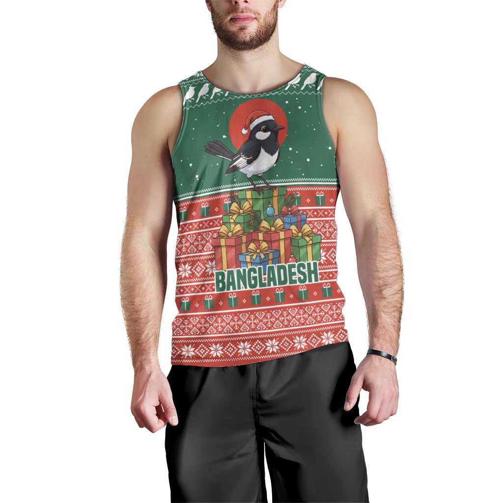Bangladesh Christmas Men Tank Top with Black-Capped Bird Gift Stack and Green Red Snowflake Pattern - Wonder Print Shop