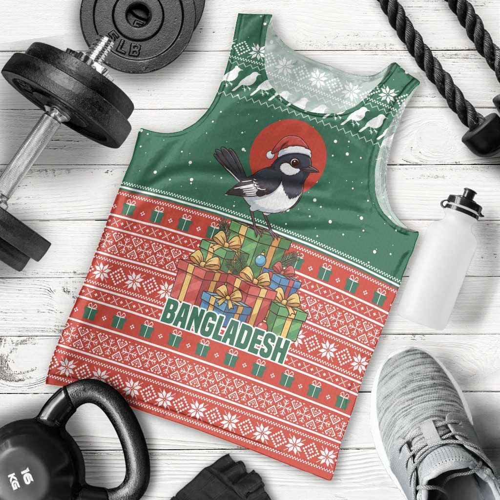 Bangladesh Christmas Men Tank Top with Black-Capped Bird Gift Stack and Green Red Snowflake Pattern - Wonder Print Shop
