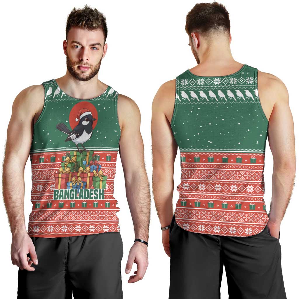 Bangladesh Christmas Men Tank Top with Black-Capped Bird Gift Stack and Green Red Snowflake Pattern - Wonder Print Shop