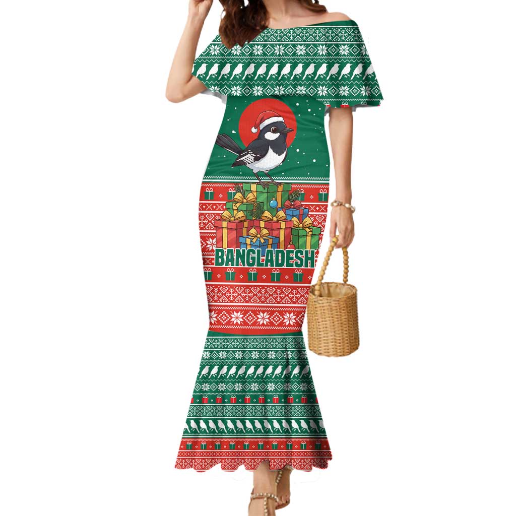 Bangladesh Christmas Mermaid Dress with Black-Capped Bird Gift Stack and Green Red Snowflake Pattern - Wonder Print Shop