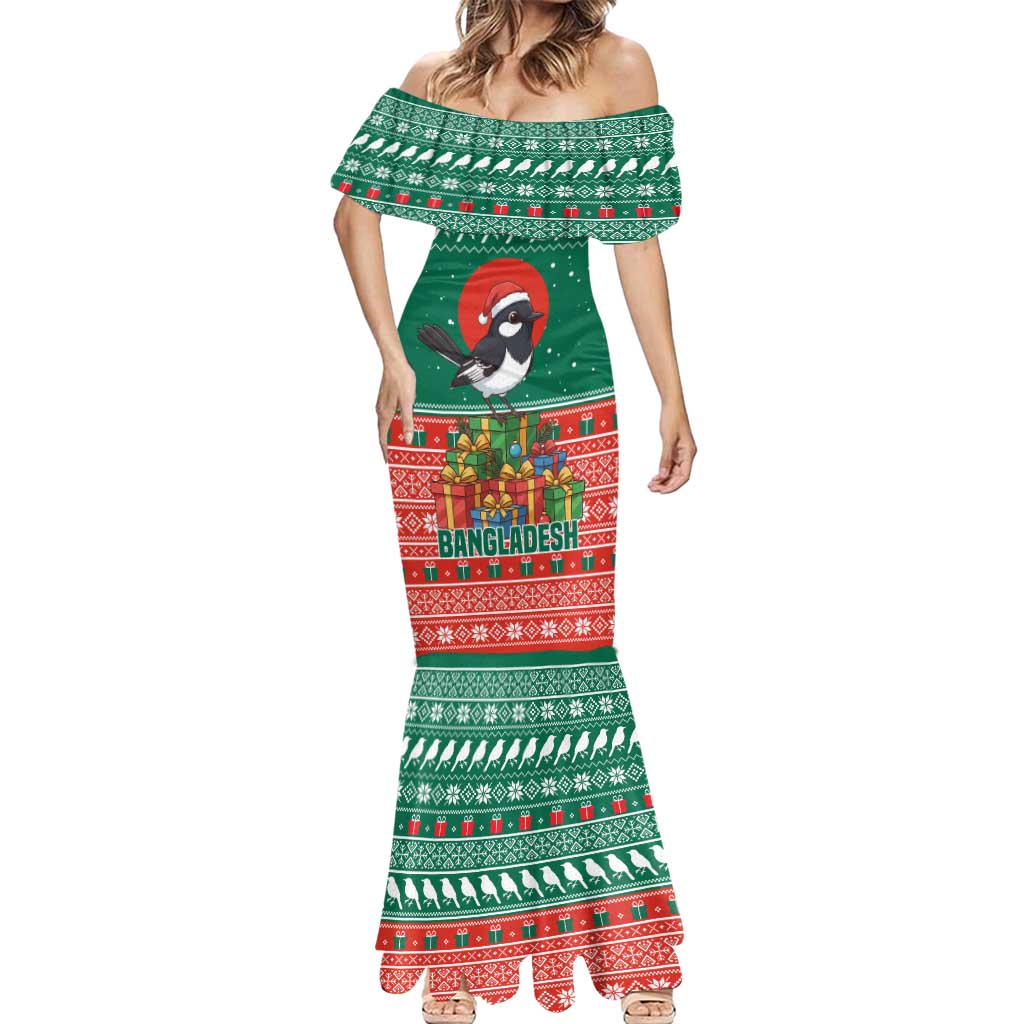 Bangladesh Christmas Mermaid Dress with Black-Capped Bird Gift Stack and Green Red Snowflake Pattern - Wonder Print Shop