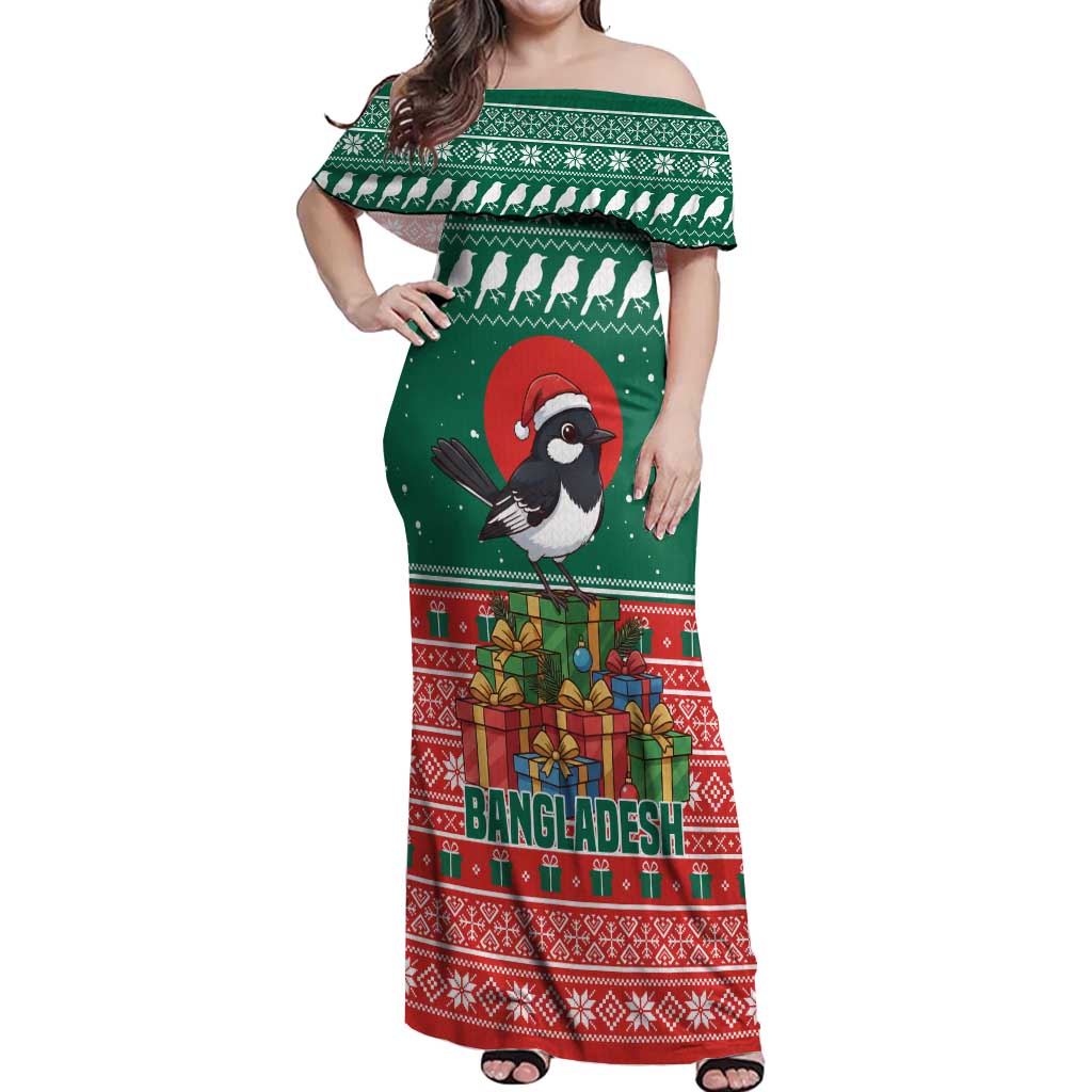 Bangladesh Christmas Off Shoulder Maxi Dress with Black-Capped Bird Gift Stack and Green Red Snowflake Pattern - Wonder Print Shop