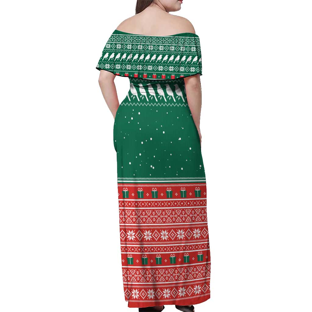Bangladesh Christmas Off Shoulder Maxi Dress with Black-Capped Bird Gift Stack and Green Red Snowflake Pattern - Wonder Print Shop