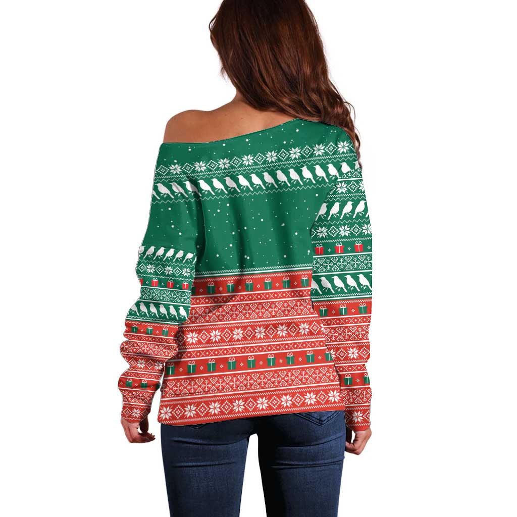 Bangladesh Christmas Off Shoulder Sweater with Black-Capped Bird Gift Stack and Green Red Snowflake Pattern - Wonder Print Shop