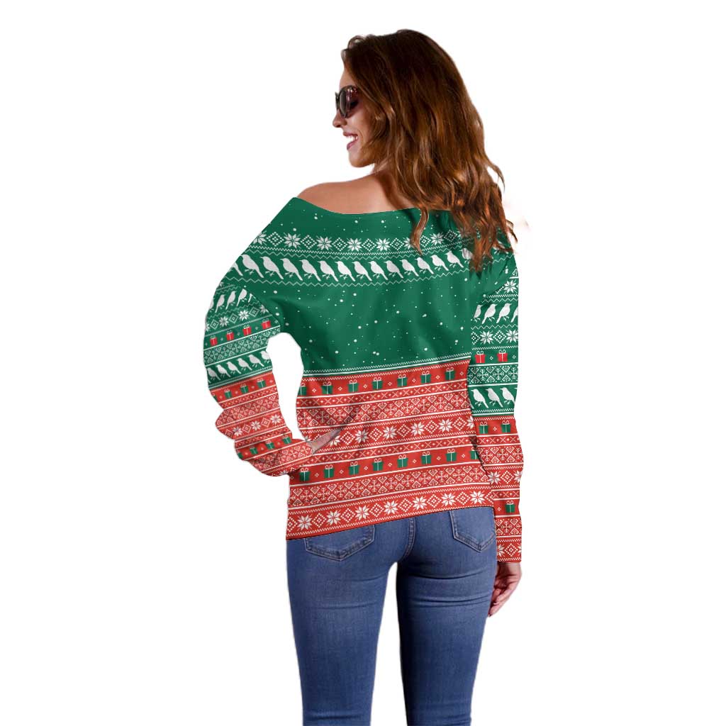 Bangladesh Christmas Off Shoulder Sweater with Black-Capped Bird Gift Stack and Green Red Snowflake Pattern - Wonder Print Shop