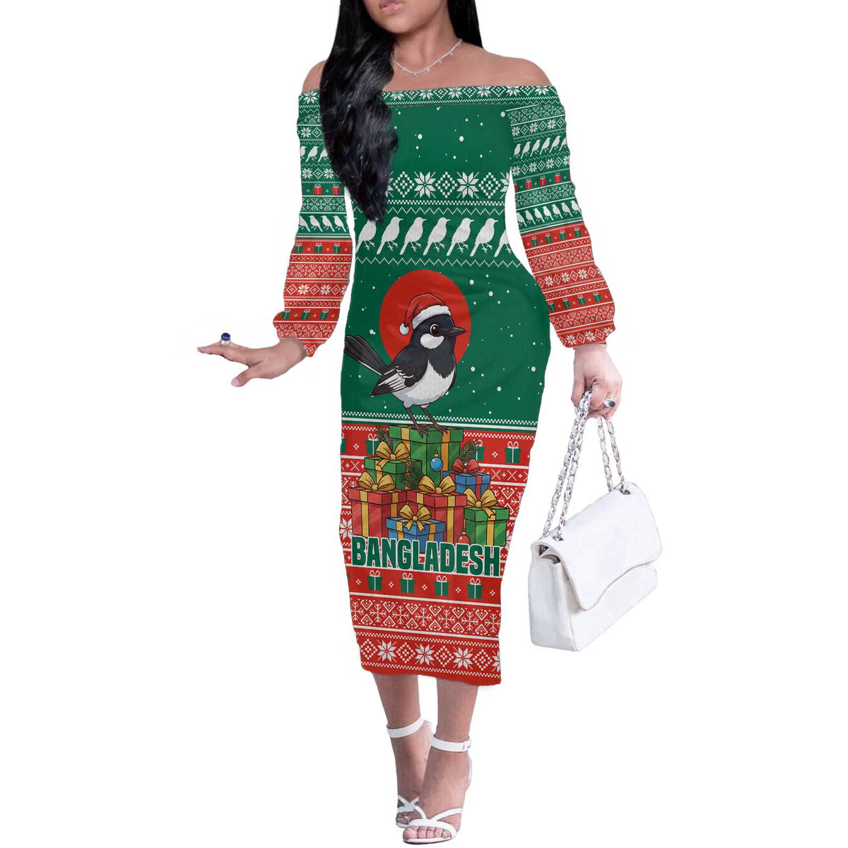 Bangladesh Christmas Off The Shoulder Long Sleeve Dress with Black-Capped Bird Gift Stack and Green Red Snowflake Pattern - Wonder Print Shop