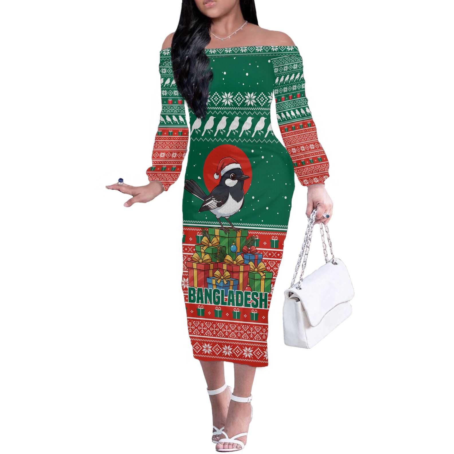 Bangladesh Christmas Off The Shoulder Long Sleeve Dress with Black-Capped Bird Gift Stack and Green Red Snowflake Pattern - Wonder Print Shop