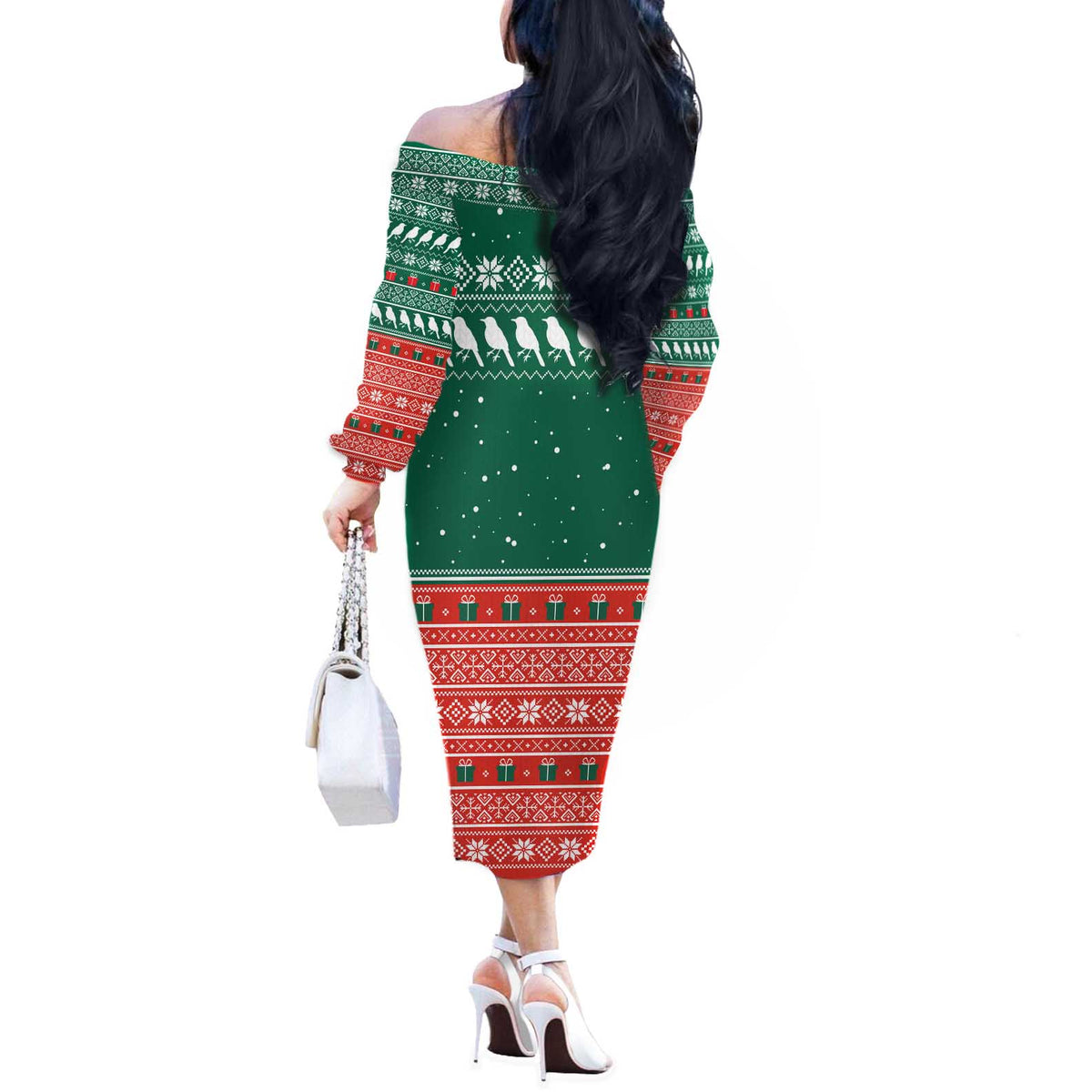 Bangladesh Christmas Off The Shoulder Long Sleeve Dress with Black-Capped Bird Gift Stack and Green Red Snowflake Pattern - Wonder Print Shop