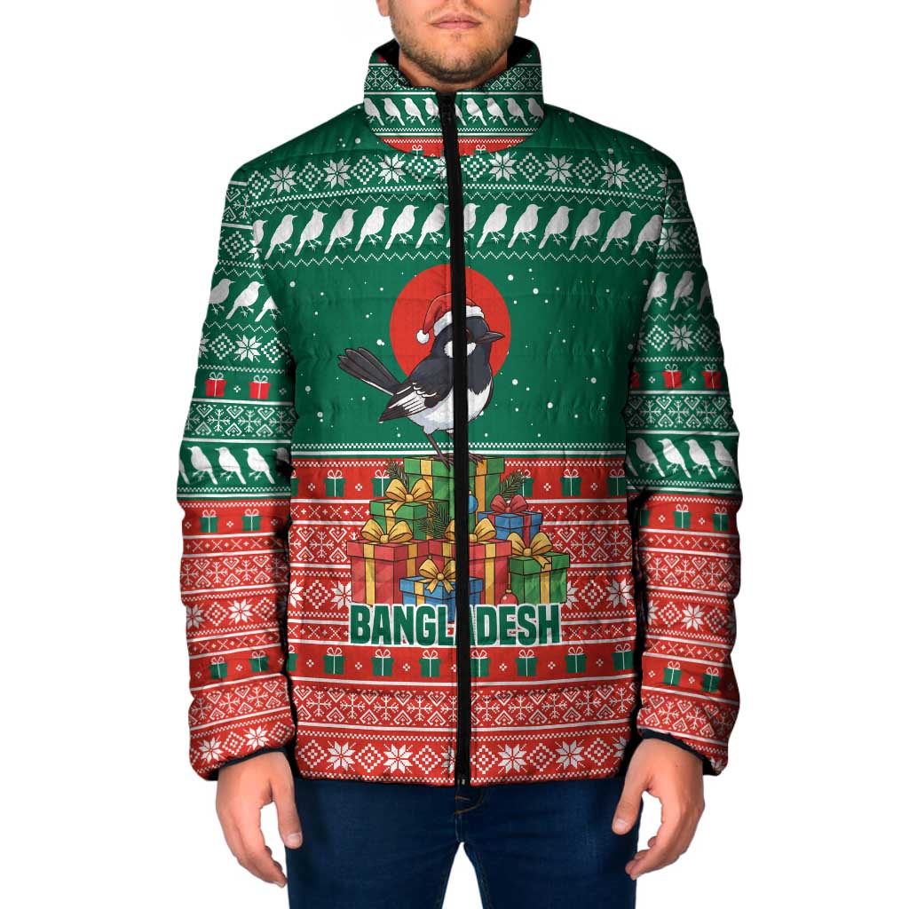Bangladesh Christmas Padded Jacket with Black-Capped Bird Gift Stack and Green Red Snowflake Pattern - Wonder Print Shop