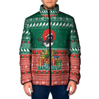 Bangladesh Christmas Padded Jacket with Black-Capped Bird Gift Stack and Green Red Snowflake Pattern - Wonder Print Shop