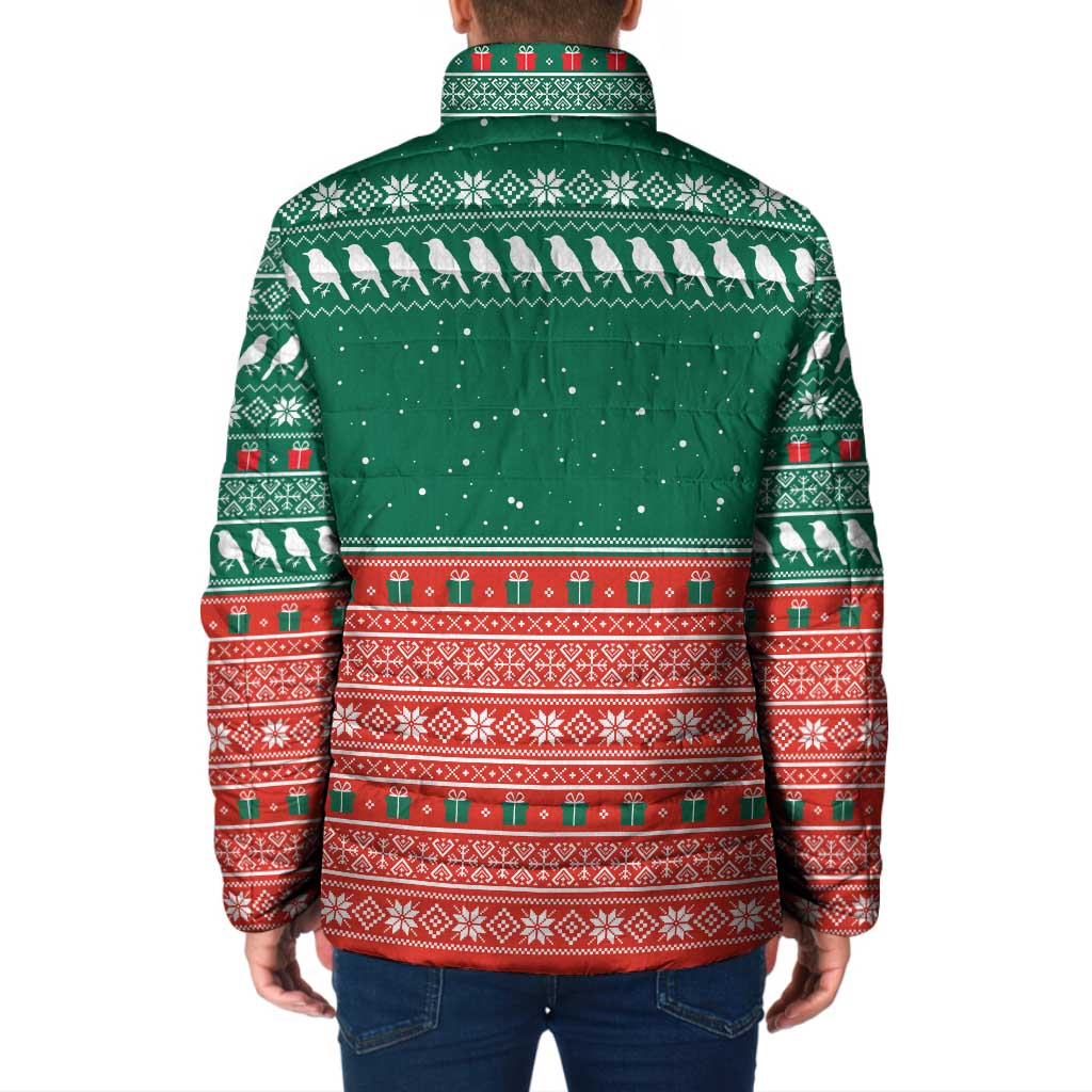 Bangladesh Christmas Padded Jacket with Black-Capped Bird Gift Stack and Green Red Snowflake Pattern - Wonder Print Shop