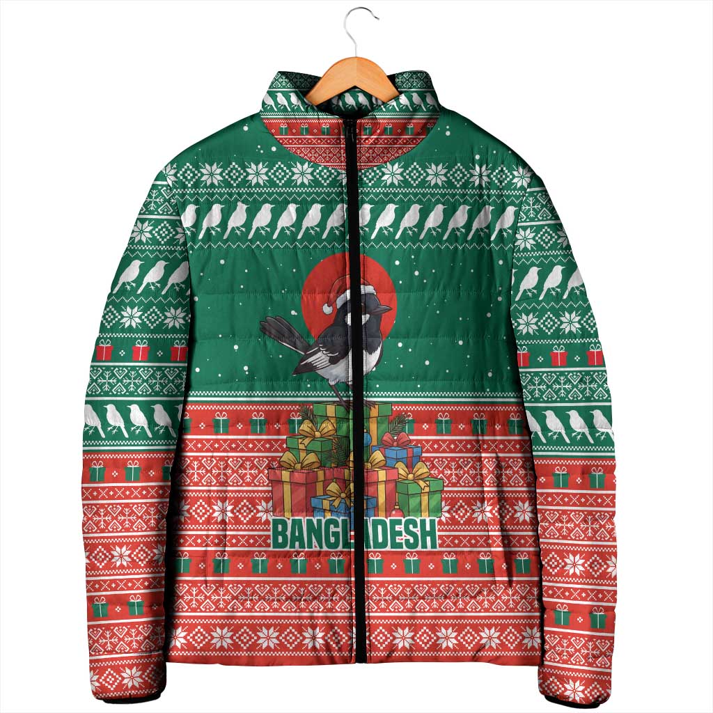 Bangladesh Christmas Padded Jacket with Black-Capped Bird Gift Stack and Green Red Snowflake Pattern - Wonder Print Shop