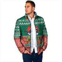 Bangladesh Christmas Padded Jacket with Black-Capped Bird Gift Stack and Green Red Snowflake Pattern - Wonder Print Shop