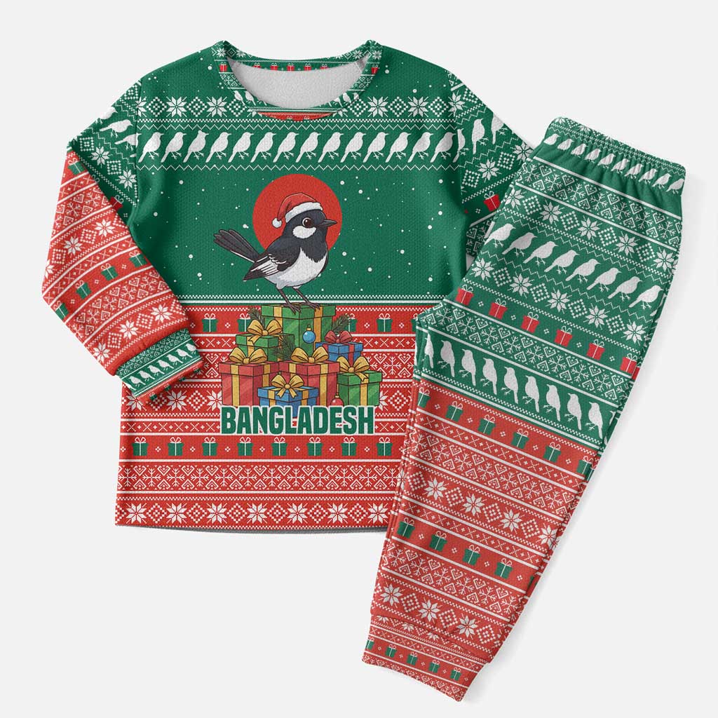 Bangladesh Christmas Pajama Set with Black-Capped Bird Gift Stack and Green Red Snowflake Pattern - Wonder Print Shop