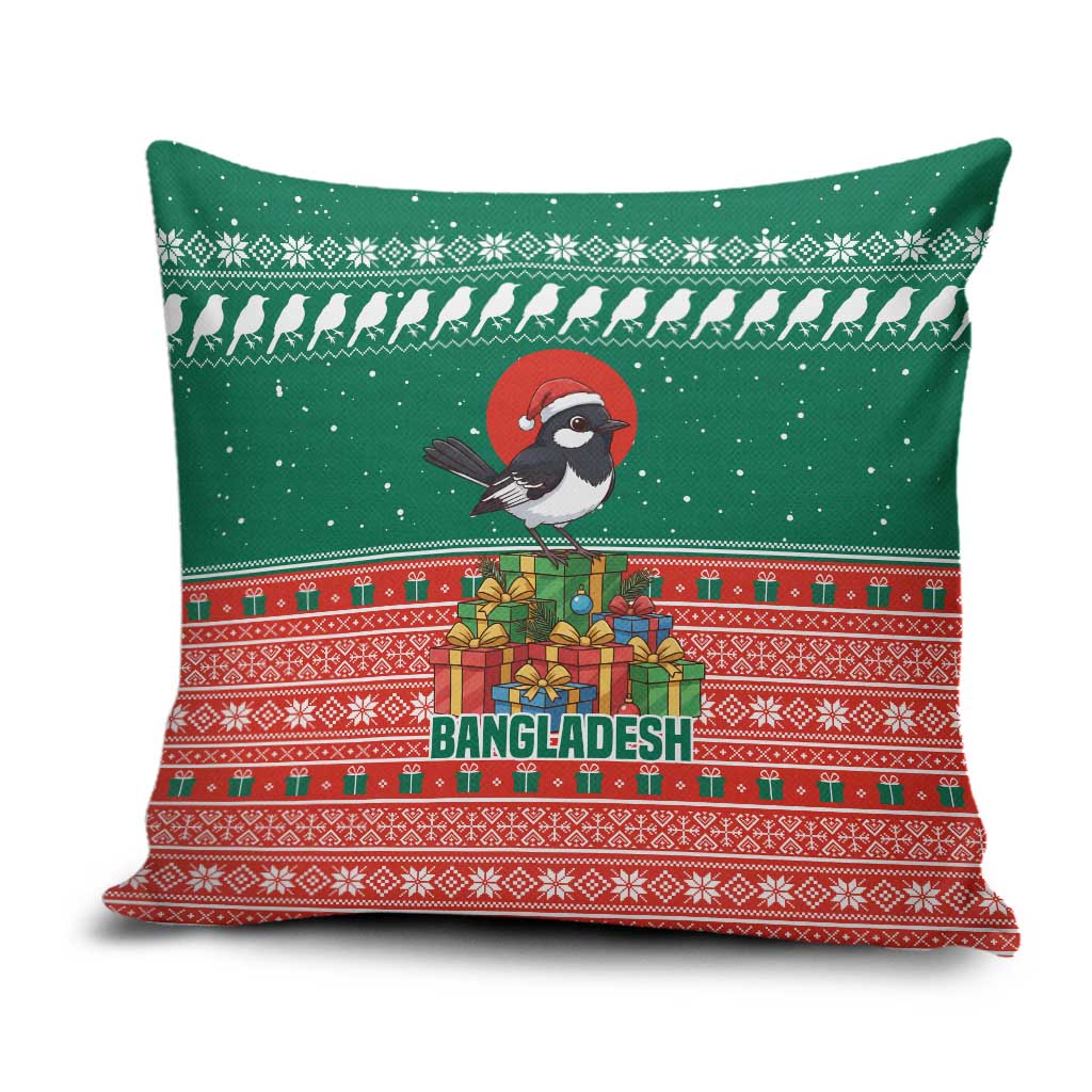 Bangladesh Christmas Pillow Cover with Black-Capped Bird Gift Stack and Green Red Snowflake Pattern - Wonder Print Shop