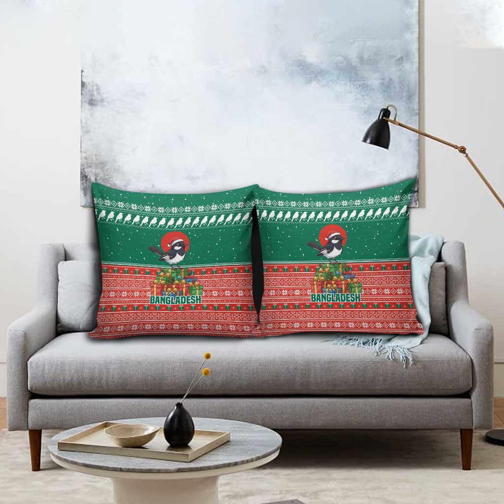 Bangladesh Christmas Pillow Cover with Black-Capped Bird Gift Stack and Green Red Snowflake Pattern - Wonder Print Shop