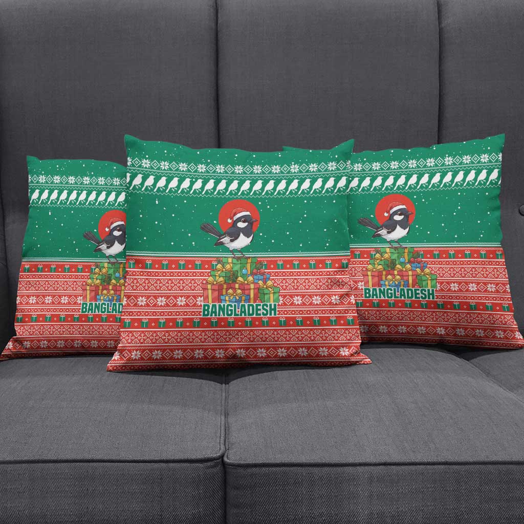Bangladesh Christmas Pillow Cover with Black-Capped Bird Gift Stack and Green Red Snowflake Pattern - Wonder Print Shop