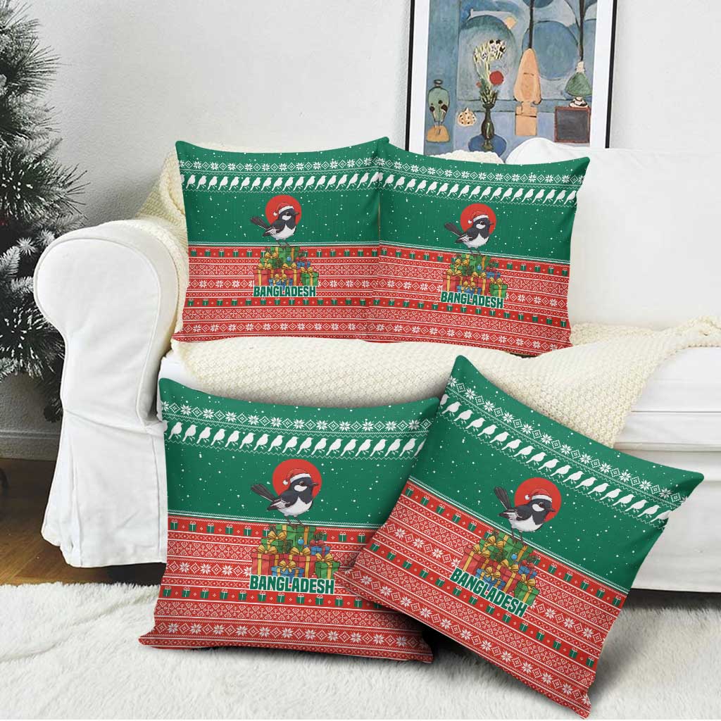 Bangladesh Christmas Pillow Cover with Black-Capped Bird Gift Stack and Green Red Snowflake Pattern - Wonder Print Shop