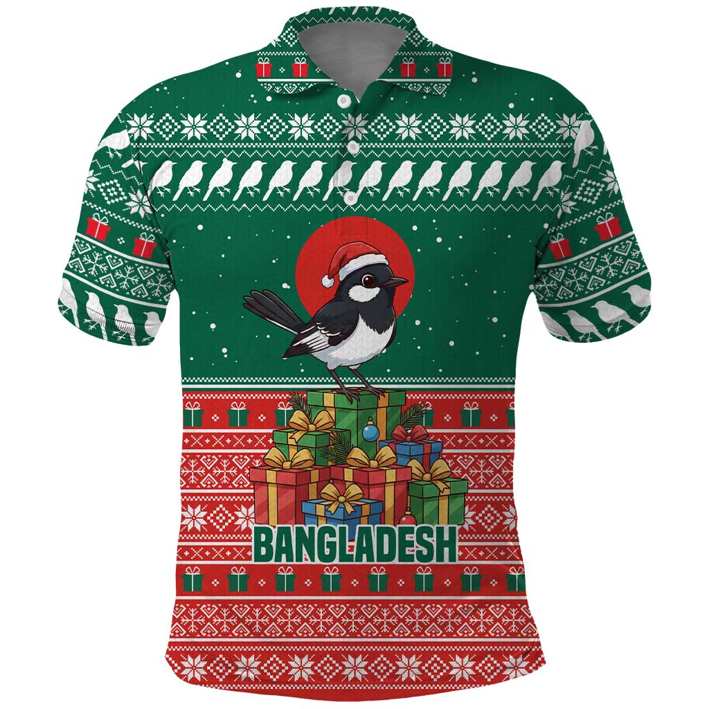 Bangladesh Christmas Polo Shirt with Black-Capped Bird Gift Stack and Green Red Snowflake Pattern - Wonder Print Shop