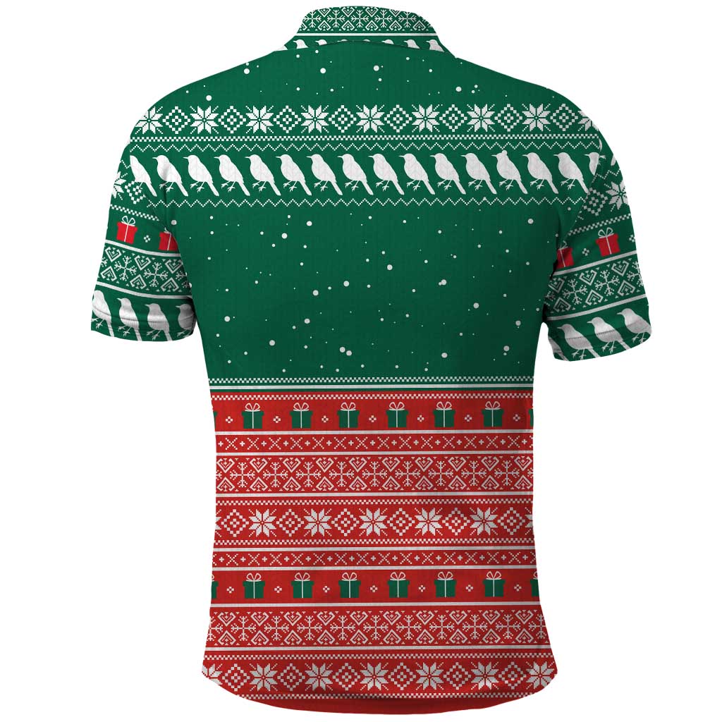 Bangladesh Christmas Polo Shirt with Black-Capped Bird Gift Stack and Green Red Snowflake Pattern - Wonder Print Shop