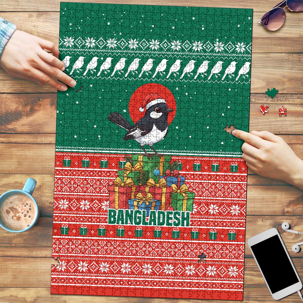 Bangladesh Christmas Puzzle with Black-Capped Bird Gift Stack and Green Red Snowflake Pattern - Wonder Print Shop