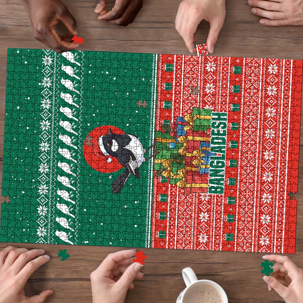 Bangladesh Christmas Puzzle with Black-Capped Bird Gift Stack and Green Red Snowflake Pattern - Wonder Print Shop