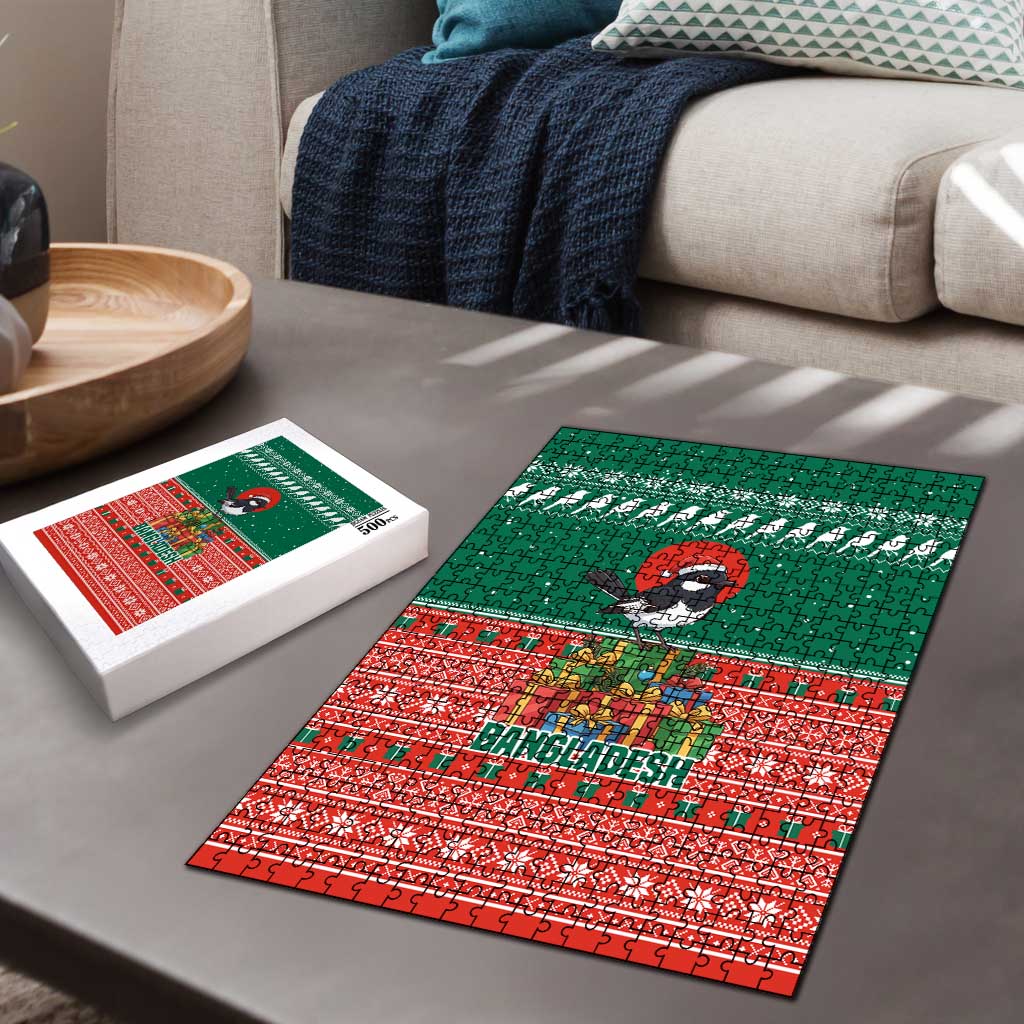 Bangladesh Christmas Puzzle with Black-Capped Bird Gift Stack and Green Red Snowflake Pattern - Wonder Print Shop