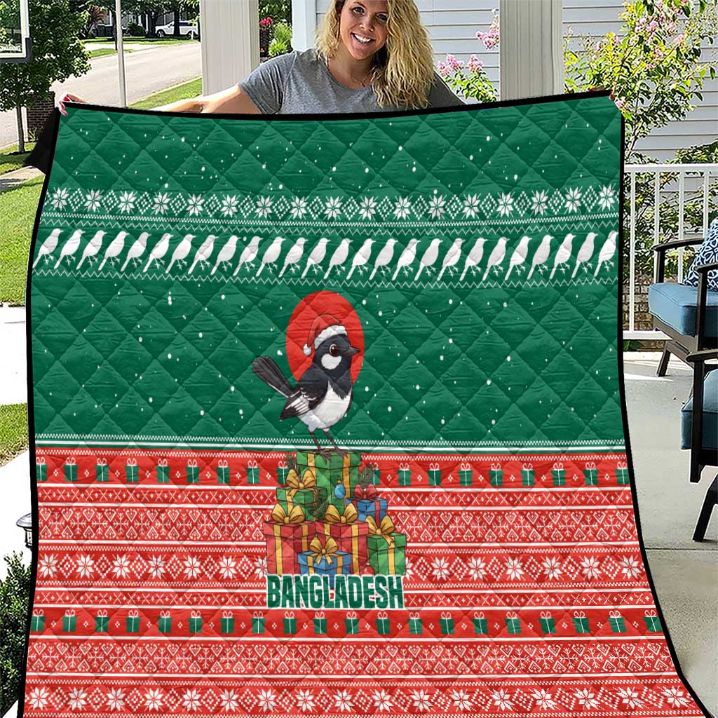 Bangladesh Christmas Quilt with Black-Capped Bird Gift Stack and Green Red Snowflake Pattern - Wonder Print Shop