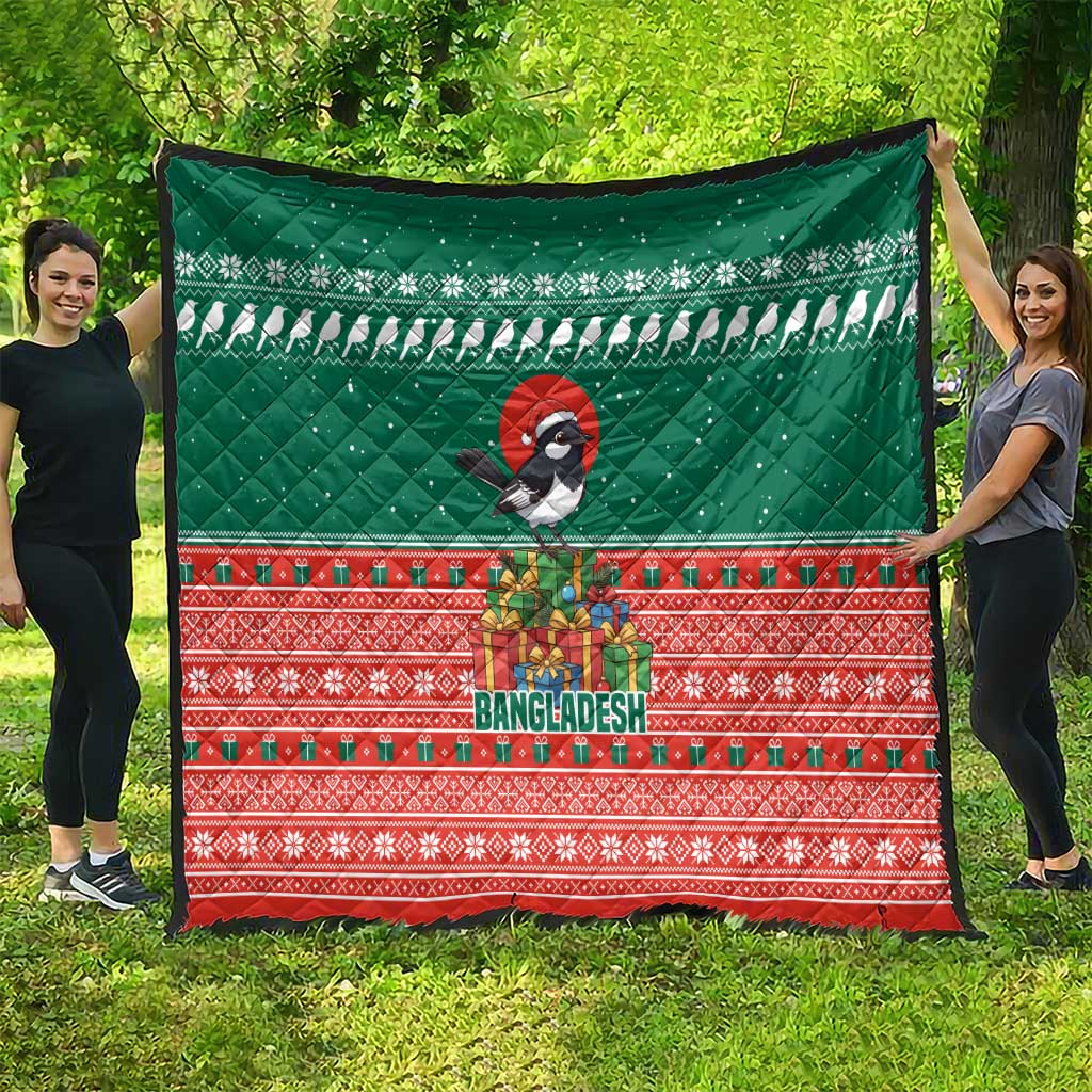 Bangladesh Christmas Quilt with Black-Capped Bird Gift Stack and Green Red Snowflake Pattern - Wonder Print Shop