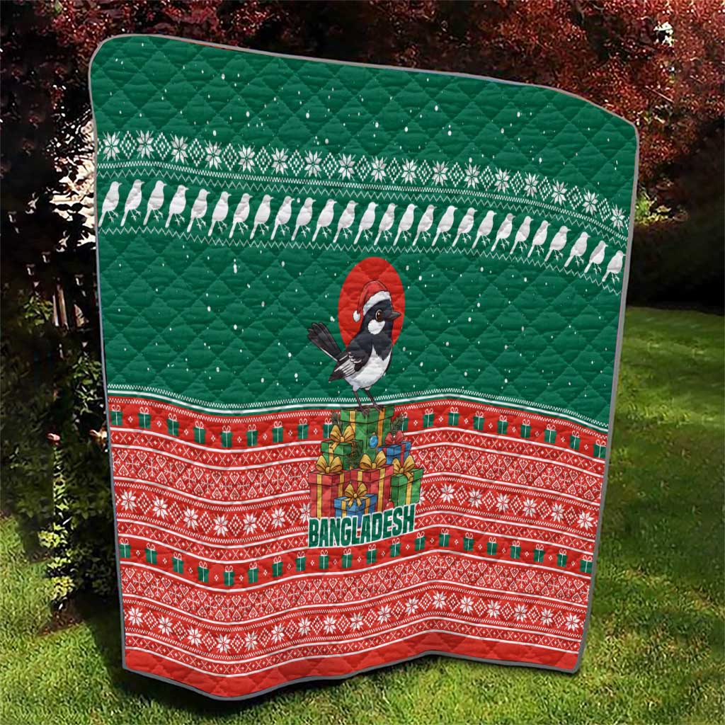 Bangladesh Christmas Quilt with Black-Capped Bird Gift Stack and Green Red Snowflake Pattern - Wonder Print Shop