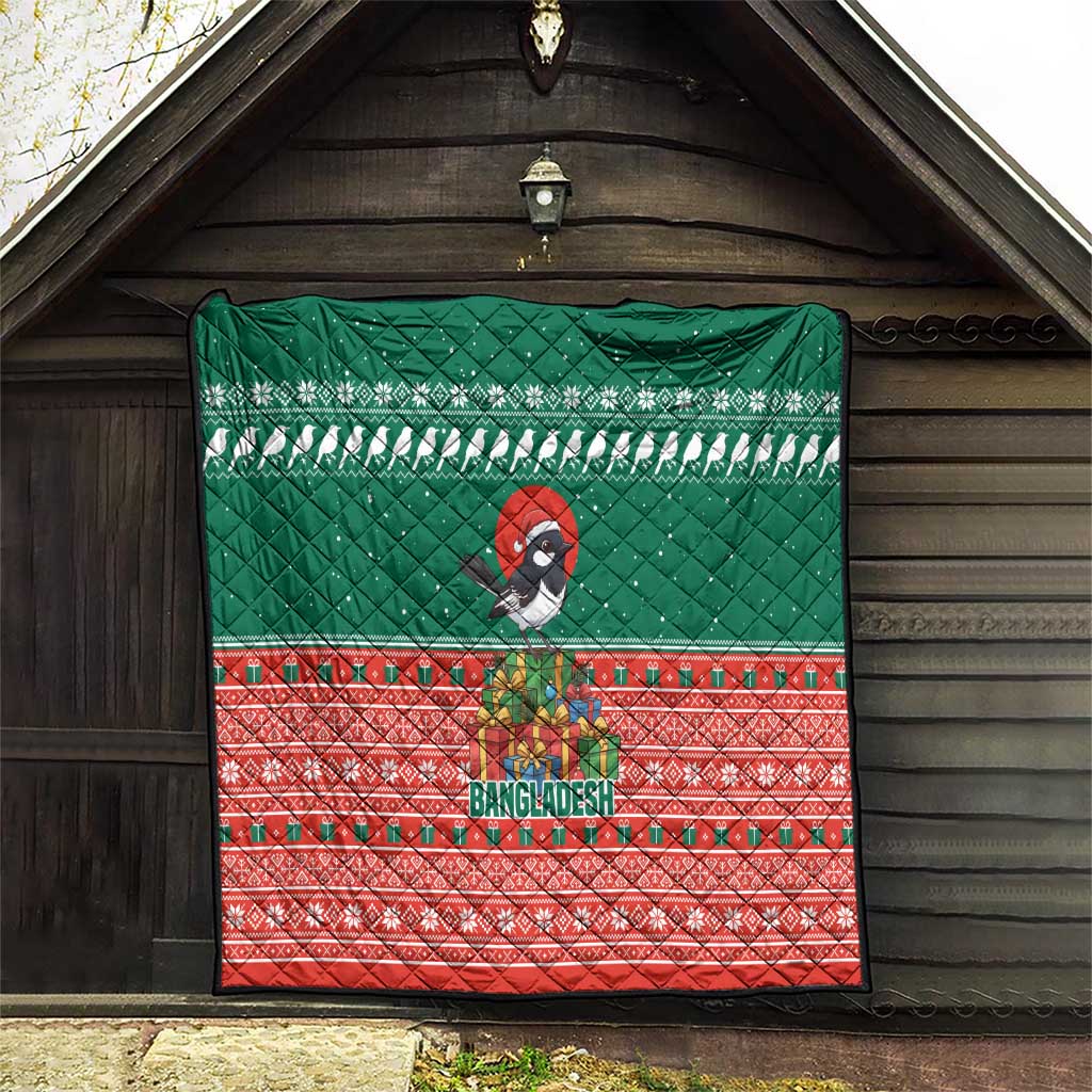 Bangladesh Christmas Quilt with Black-Capped Bird Gift Stack and Green Red Snowflake Pattern - Wonder Print Shop