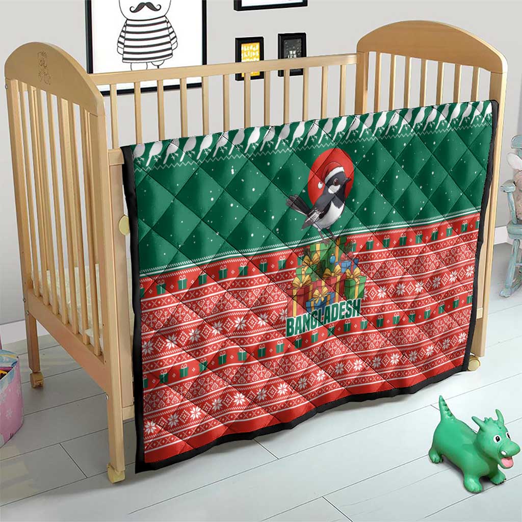 Bangladesh Christmas Quilt with Black-Capped Bird Gift Stack and Green Red Snowflake Pattern - Wonder Print Shop