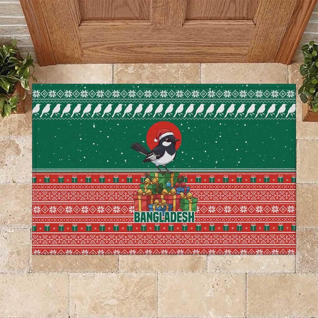 Bangladesh Christmas Rubber Doormat with Black-Capped Bird Gift Stack and Green Red Snowflake Pattern - Wonder Print Shop