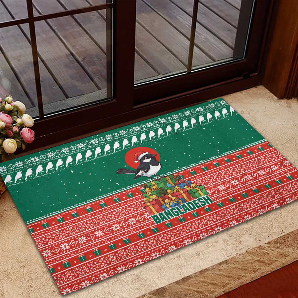 Bangladesh Christmas Rubber Doormat with Black-Capped Bird Gift Stack and Green Red Snowflake Pattern - Wonder Print Shop