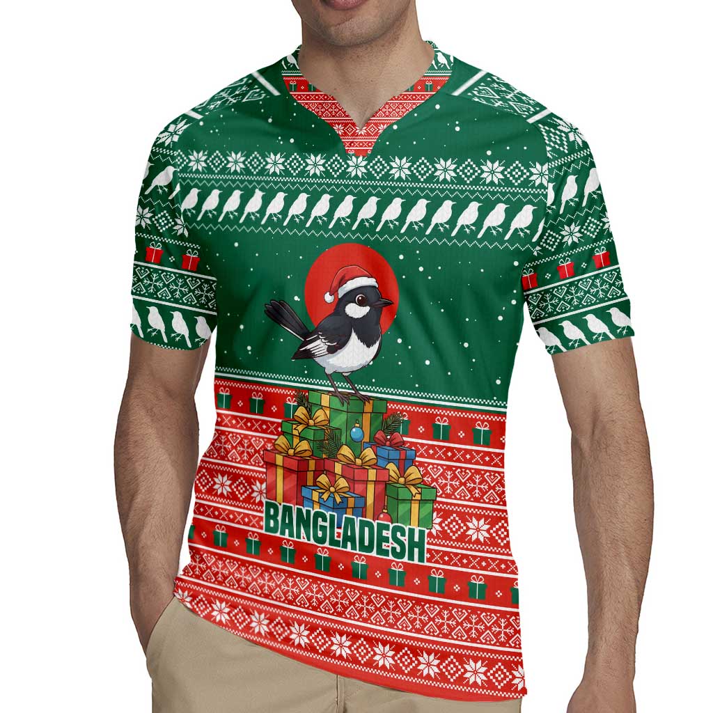 Bangladesh Christmas Rugby Jersey with Black-Capped Bird Gift Stack and Green Red Snowflake Pattern - Wonder Print Shop