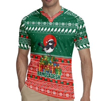 Bangladesh Christmas Rugby Jersey with Black-Capped Bird Gift Stack and Green Red Snowflake Pattern - Wonder Print Shop