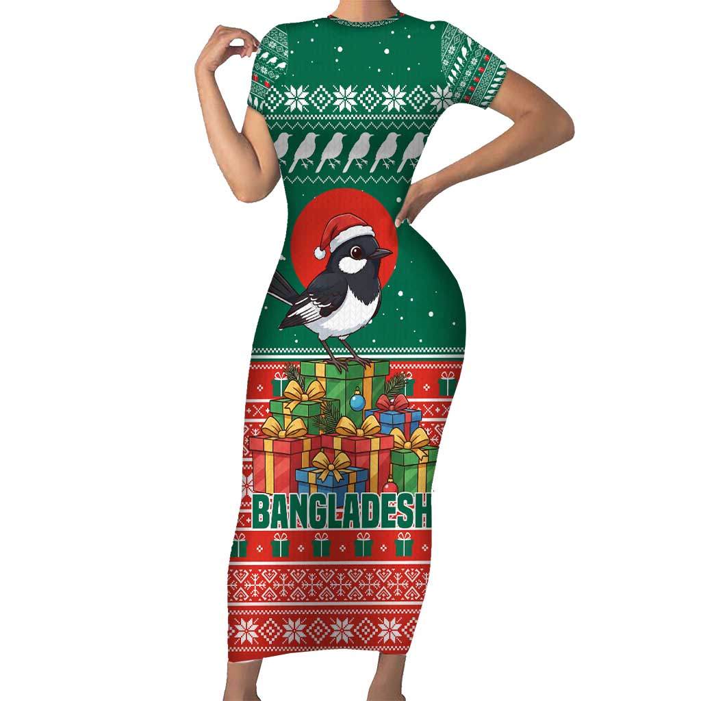 Bangladesh Christmas Short Sleeve Bodycon Dress with Black-Capped Bird Gift Stack and Green Red Snowflake Pattern - Wonder Print Shop