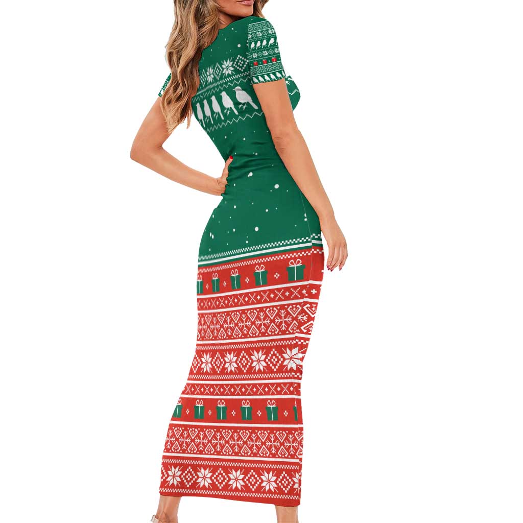 Bangladesh Christmas Short Sleeve Bodycon Dress with Black-Capped Bird Gift Stack and Green Red Snowflake Pattern - Wonder Print Shop