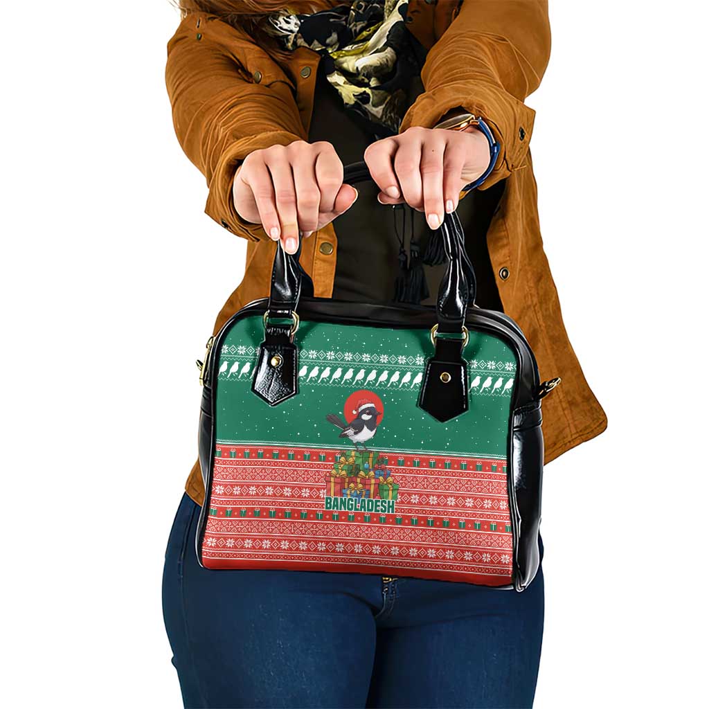 Bangladesh Christmas Shoulder Handbag with Black-Capped Bird Gift Stack and Green Red Snowflake Pattern - Wonder Print Shop
