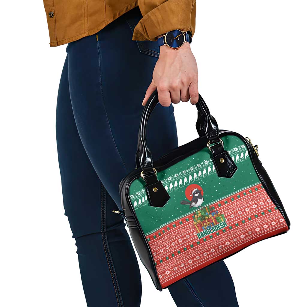 Bangladesh Christmas Shoulder Handbag with Black-Capped Bird Gift Stack and Green Red Snowflake Pattern - Wonder Print Shop