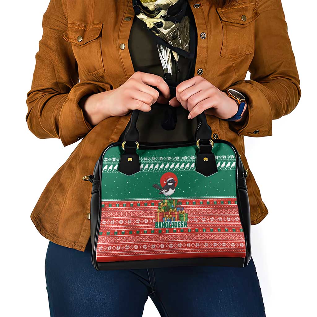 Bangladesh Christmas Shoulder Handbag with Black-Capped Bird Gift Stack and Green Red Snowflake Pattern - Wonder Print Shop