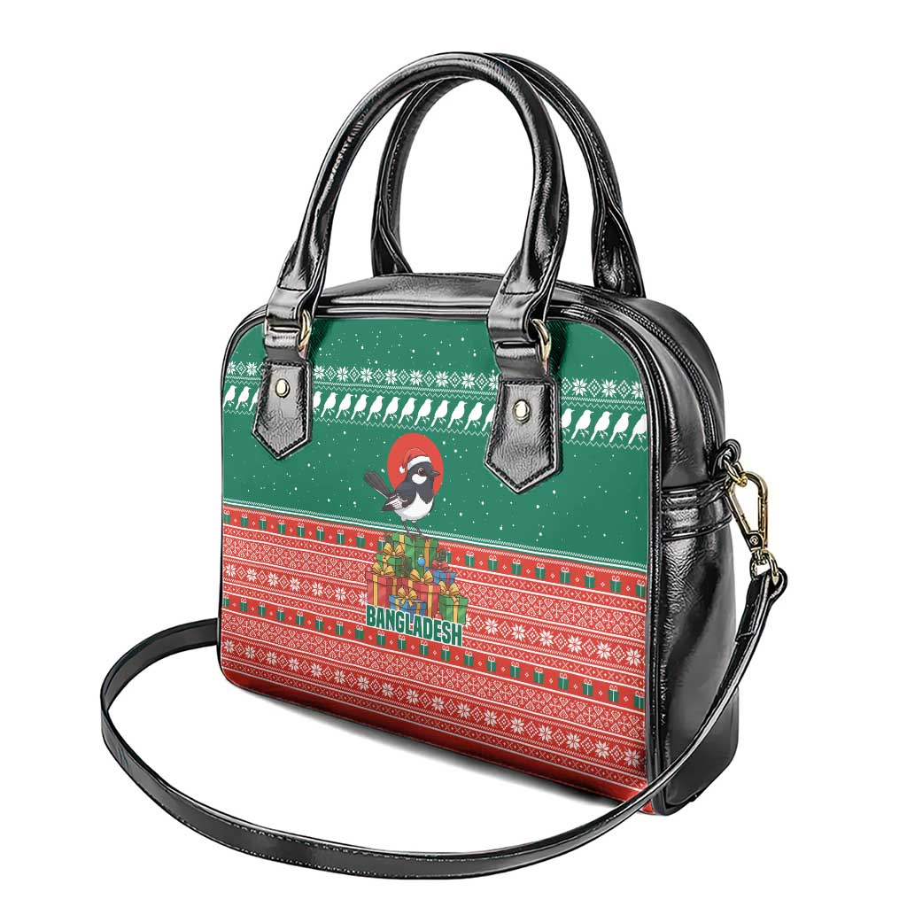 Bangladesh Christmas Shoulder Handbag with Black-Capped Bird Gift Stack and Green Red Snowflake Pattern - Wonder Print Shop