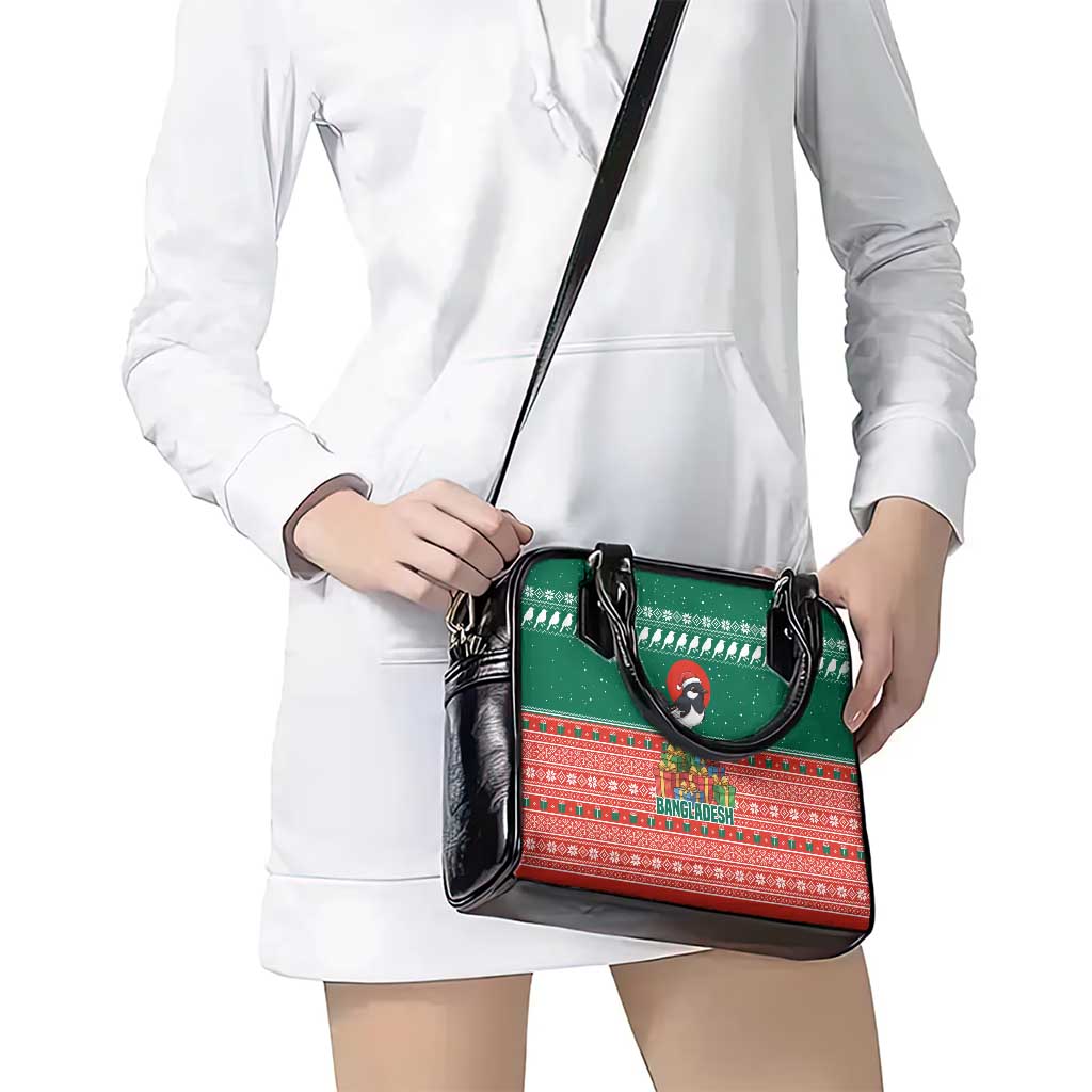 Bangladesh Christmas Shoulder Handbag with Black-Capped Bird Gift Stack and Green Red Snowflake Pattern - Wonder Print Shop