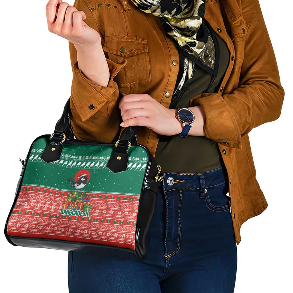 Bangladesh Christmas Shoulder Handbag with Black-Capped Bird Gift Stack and Green Red Snowflake Pattern - Wonder Print Shop