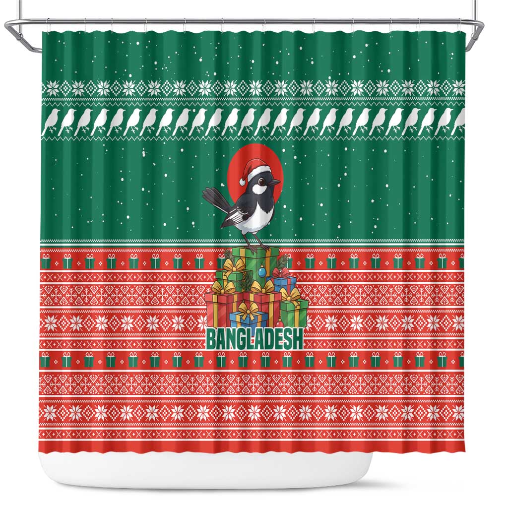 Bangladesh Christmas Shower Curtain with Black-Capped Bird Gift Stack and Green Red Snowflake Pattern - Wonder Print Shop