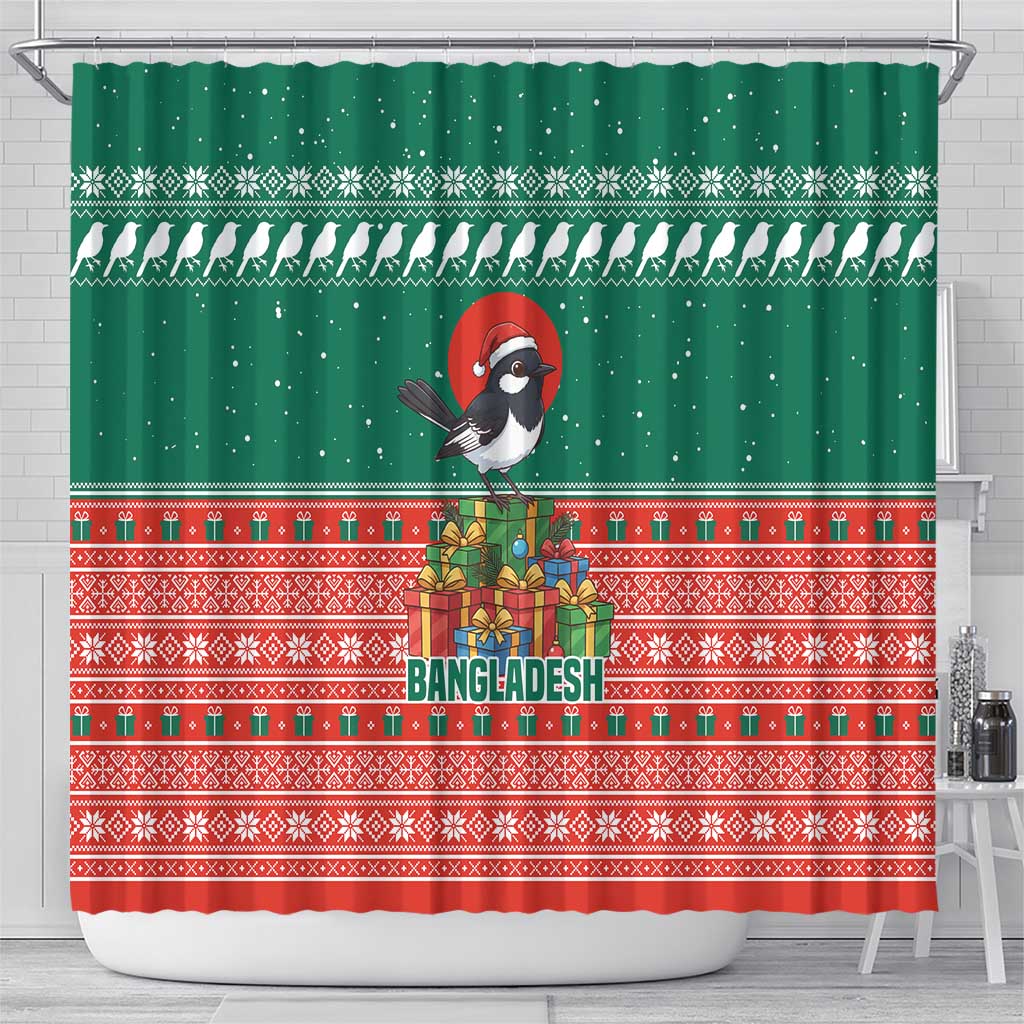 Bangladesh Christmas Shower Curtain with Black-Capped Bird Gift Stack and Green Red Snowflake Pattern - Wonder Print Shop