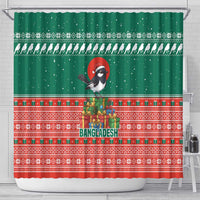 Bangladesh Christmas Shower Curtain with Black-Capped Bird Gift Stack and Green Red Snowflake Pattern - Wonder Print Shop