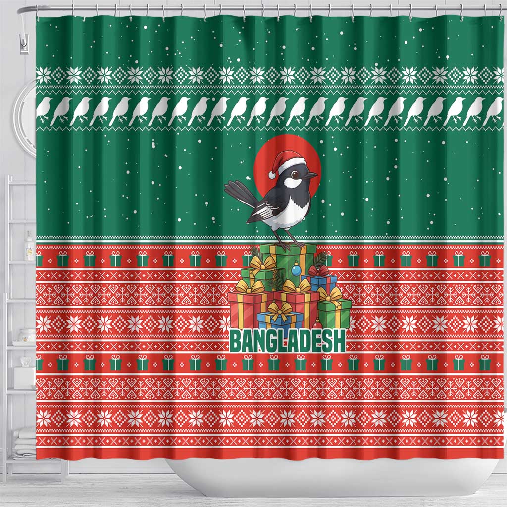 Bangladesh Christmas Shower Curtain with Black-Capped Bird Gift Stack and Green Red Snowflake Pattern - Wonder Print Shop