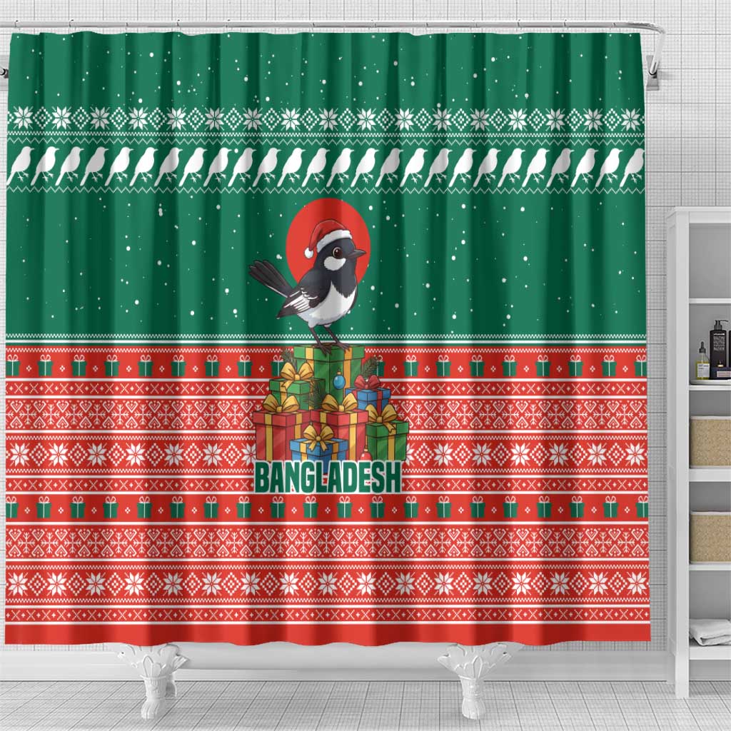 Bangladesh Christmas Shower Curtain with Black-Capped Bird Gift Stack and Green Red Snowflake Pattern - Wonder Print Shop